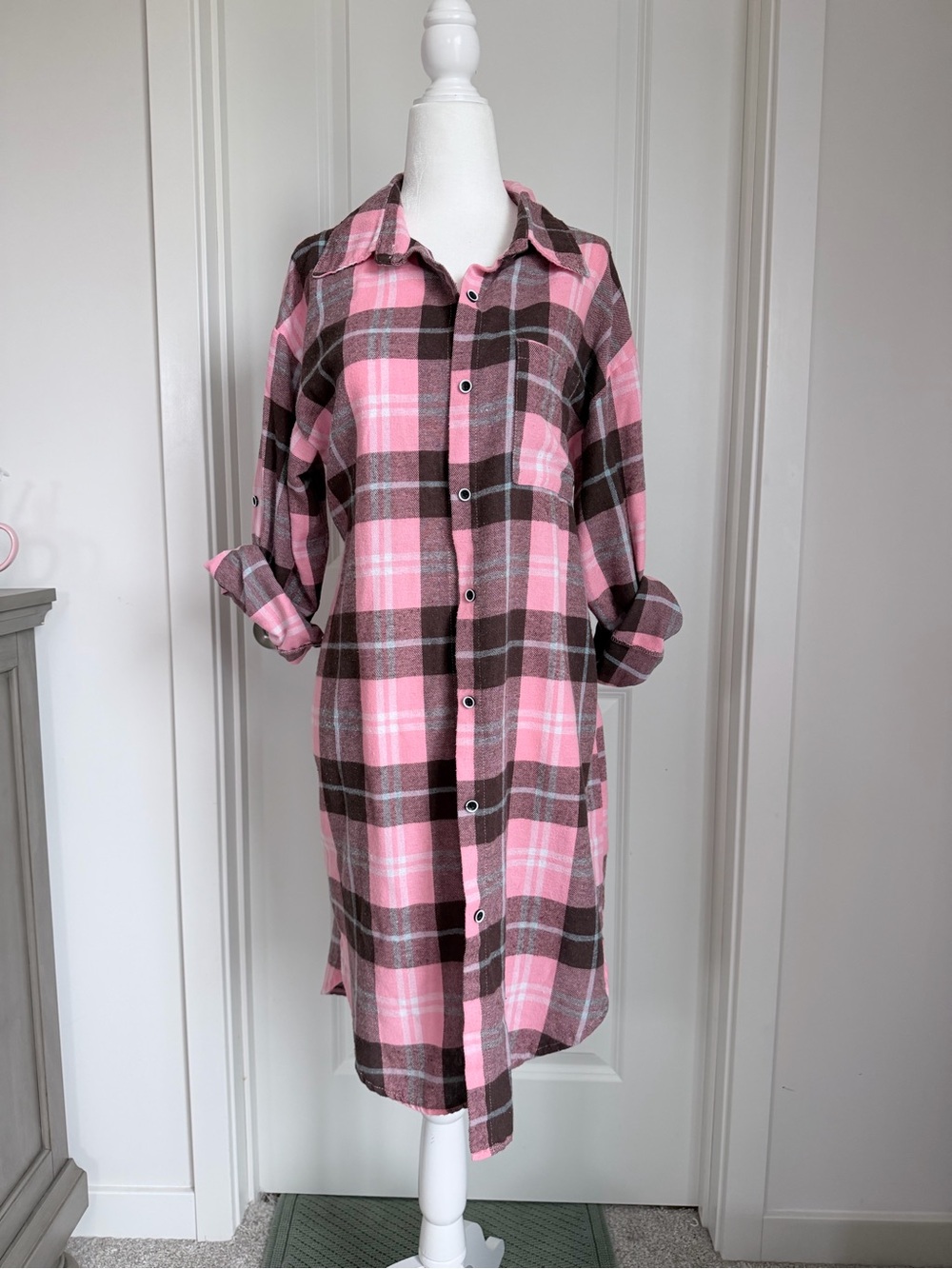Pink and Brown Plaid Flannel Button Front Shirt Dress